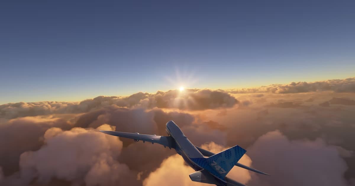 Boeing 747 above the clouds in a flight simulator